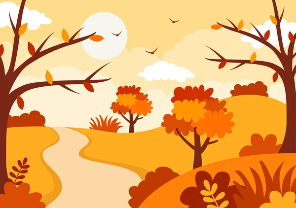 Outono Paisagem Fundo Vetor Ilustração Com Montanhas Campos Árvores Folhas — Vetor de Stock