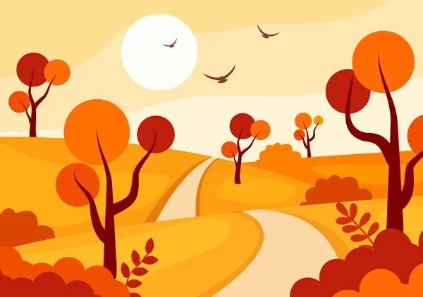 Outono Paisagem Fundo Vetor Ilustração Com Montanhas Campos Árvores Folhas — Vetor de Stock