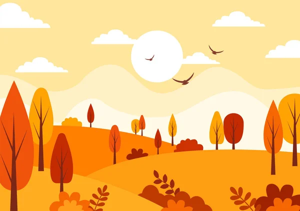 Autumn Landscape Background Vector Illustration Mountains Fields Trees Fall Leaves — Stock Vector