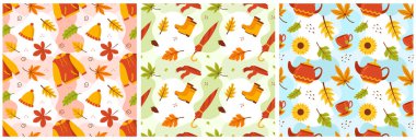 Şablon Çizgi Film Çizimi Sonbahar Sezonu Kusursuz Desensiz Desen Tasarımı