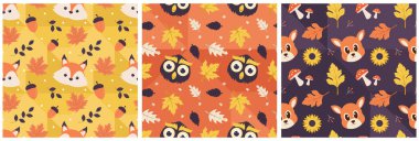 Şablon Çizgi Film Çizimi Sonbahar Sezonu Kusursuz Desensiz Desen Tasarımı