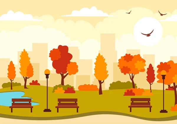秋の風景 秋の葉 フラット漫画 シーズン パノラマ テンプレート — ストックベクタ