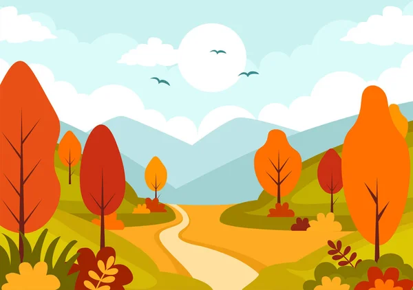 Herbst Landschaft Hintergrund Vektor Illustration Mit Bergen Feldern Bäumen Und — Stockvektor