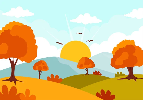 Herbst Landschaft Hintergrund Vektor Illustration Mit Bergen Feldern Bäumen Und — Stockvektor