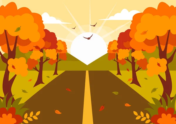 Autumn Landscape Background Vector Illustration with Mountains, Fields, Trees and Fall Leaves in Flat Cartoon Natural Season Panorama Templates