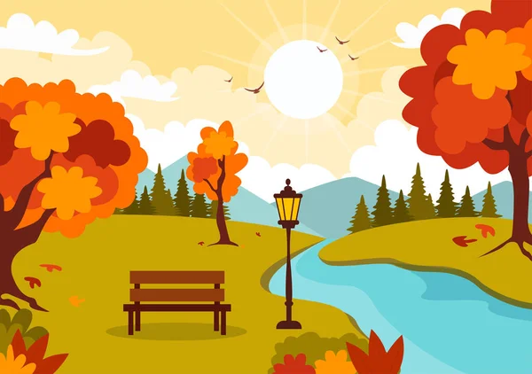 Jesienny Krajobraz Tło Wektor Ilustracja Gór Pól Drzew Liści Jesieni — Wektor stockowy