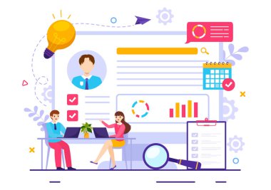 Pazarlama materyalleri ve İş Arkaplanı Tasarımı için Sistem Yönetimi Çalışanı ile HRM İnsan Kaynakları Yönetimi Vektör İllüzyonu