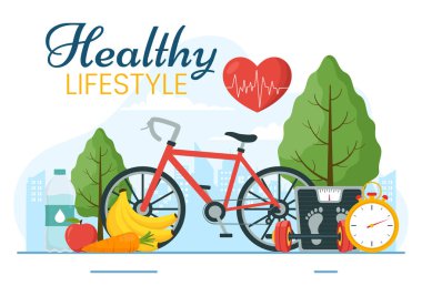 Düz El Çizim Tasarım Tasarım Şablonu 'nda Sağlıklı Yaşam Tarzı Sebze veya Meyve, Spor ve Spor Sunumu