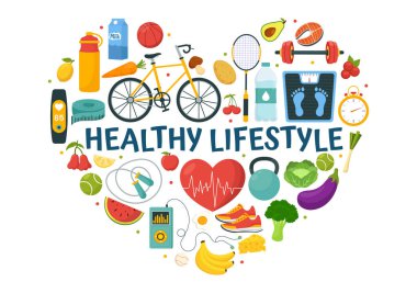 Düz El Çizim Tasarım Tasarım Şablonu 'nda Sağlıklı Yaşam Tarzı Sebze veya Meyve, Spor ve Spor Sunumu