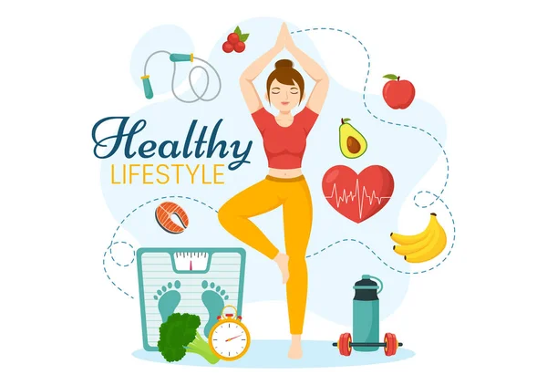 Healthy Lifestyle Vector Illustration Organic Vegetables Fruit Sport Workout Flat — Stock Vector