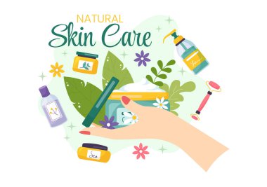 Düz Çizgi Film Arkaplan Şablonunda Organik İçindekilerle Kozmetik Yüze Cilt Ürünleri Uygulayan Kadın Doğal Cilt Bakımı Vektörü İlülasyonu