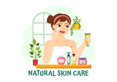 Düz Çizgi Film Arkaplan Şablonunda Organik İçindekilerle Kozmetik Yüze Cilt Ürünleri Uygulayan Kadın Doğal Cilt Bakımı Vektörü İlülasyonu