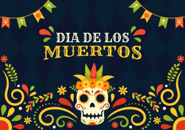 Dia de Los Muertos Vector Illustration with Day of the Dead, Play Music, Skeleton in Mexico Kostumes ve Sombrero in Flat Cartoon Background