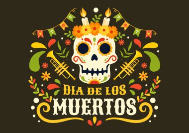 Dia de Los Muertos Vector Illustration with Day of the Dead, Play Music, Skeleton in Mexico Kostumes ve Sombrero in Flat Cartoon Background