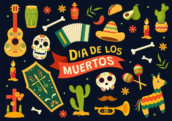 stock vector Dia de Los Muertos Vector Illustration with Day of the Dead, Play Music, Skeleton in Mexican Costumes and Sombrero in Flat Cartoon Background
