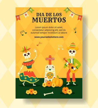 Dia de Los Muertos Dikey Poster İllüstrasyon Çizgi Film El Çizim Şablonları Arkaplan