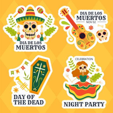 Dia de Los Muertos Etiket İllüstrasyon Çizgi Film El Çizim Şablonları Arkaplan