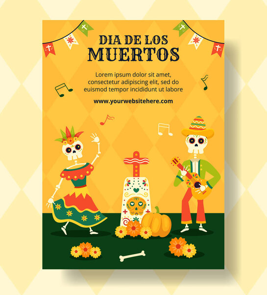 Dia de Los Muertos Vertical Poster Illustration Flat Cartoon Hand Drawn Templates Background