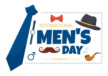 19 Kasım 'da Uluslararası Erkekler Günü Vektör İllüstrasyonunda Erkekler Ailelerinin Düz Çizgi Film Arkaplan Tasarımı İçin Pozitif Değer Teçhizatlarıyla