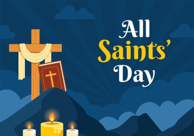 All Saints Day Vektör İlülasyonu 1 Kasım 'da Düz Çizgi Film Tasarımı' nda Mumlarla Tüm Ruhları Anma Kutlaması