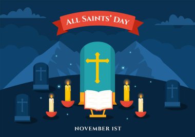 All Saints Day Vektör İlülasyonu 1 Kasım 'da Düz Çizgi Film Tasarımı' nda Mumlarla Tüm Ruhları Anma Kutlaması