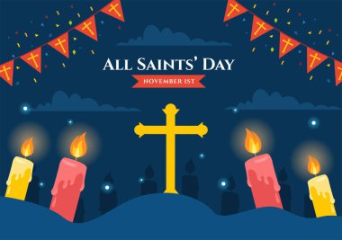 All Saints Day Vektör İlülasyonu 1 Kasım 'da Düz Çizgi Film Tasarımı' nda Mumlarla Tüm Ruhları Anma Kutlaması