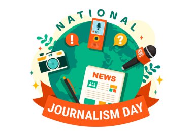 Günlük Malzemeleri Tasarımlı Gazetecilerin Acımasız Çabaları İçin Ulusal Gazetecilik Günü İllüstrasyonunu Tanıma ve Takdir Etme Günü