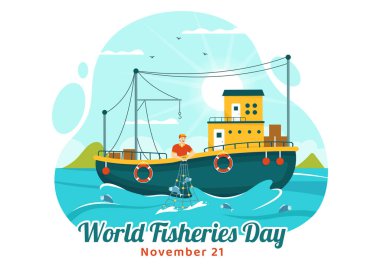 Balıkçıların Su Ekosistemlerini Korumak ve Biyolojik Çeşitliliği Korumak İçin Denizdeki Teknede Balıkçı Oltasıyla Dünya Balıkçılığı Günü Vektör İlülasyonu