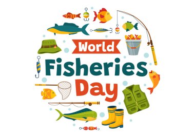 Balıkçıların Su Ekosistemlerini Korumak ve Biyolojik Çeşitliliği Korumak İçin Denizdeki Teknede Balıkçı Oltasıyla Dünya Balıkçılığı Günü Vektör İlülasyonu