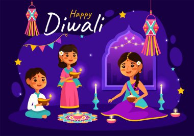 Hindistan Işık Festivali için Hint Rangoli ve Havai fişek Arkaplanlı Mutlu Diwali Hindu Vektör Resimleri Düz Çocuk Çizgi Filmi Tasarımı