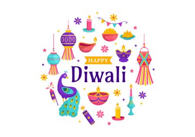 Hindistan Işık Festivali için Hint Rangoli ve Havai fişek Arkaplanlı Mutlu Diwali Hindu Vektör Resimleri Düz Çocuk Çizgi Filmi Tasarımı