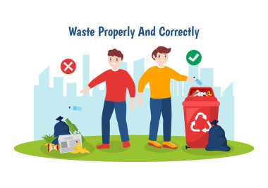 Düzgünce ve düzgünce Vektör İllüzyonunu Düzgünce ve Doğru Çöp Sıralama ve Düzgün Çöp İmha Arkaplan Tasarımı Gösterisiyle Atık