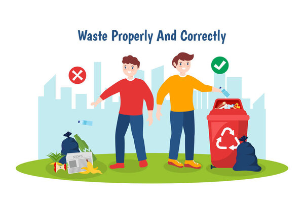 Правильная и правильная векторная иллюстрация отходов с демонстрацией правильной сортировки мусора и правильной утилизации в плоском дизайне фона мультфильма