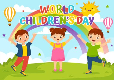 World Children's Day Vector Illustration on 20 November with Kids and Rainbow in Children Celebration Cartoon Bright Sky Blue Background Design clipart