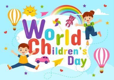 Dünya Çocuk Günü Vektör Resimleri 20 Kasım 'da Çocuklar ve Gökkuşağı Çocuk Çizgi Filmi Parlak Gökyüzü Mavi Arkaplan Tasarımı