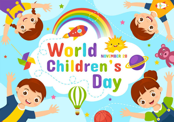 World Children's Day Vector Illustration on 20 November with Kids and Rainbow in Children Celebration Cartoon Bright Sky Blue Background Design