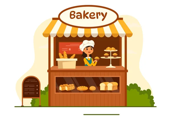 Sklep Piekarniczy Wektor Ilustracja Różnych Rodzajów Produktów Chleba Sprzedaż Wnętrza — Wektor stockowy