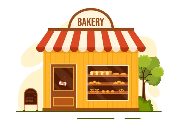 stock vector Bakery Store Vector Illustration with Various Types of Bread Products for Sale and Shop Interior in Flat Cartoon Background Design Template