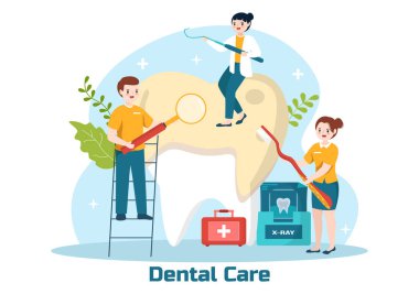 Diş Hekimliği Vektörü İllüstrasyonu İnsan Dişlerini Tedavi Etme ve Temizlik Sağlık Hizmetlerinde Tıbbi Ekipman Kullanımı Flat Arkaplan Tasarımı