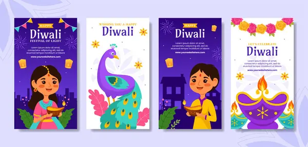Happy Diwali Social Media Stories Modèles Dessin Animé Plat Dessinés — Image vectorielle