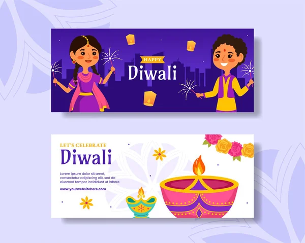 Happy Diwali Horizontal Banner Plat Dessin Animé Main Modèles Illustration — Image vectorielle
