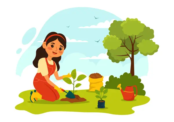 Pflanzen Vektorillustration Mit Menschen Freude Gärtnern Pflanzen Bewässern Oder Buddeln — Stockvektor