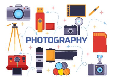 Kamera ve Seyahat, Turizm, Macera ve Anıları Düz Çizgi Film Arkaplan Tasarımı İçin Ekipman ve Görüntü Yönetmenliği