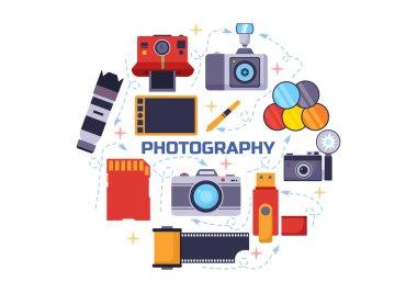 Kamera ve Seyahat, Turizm, Macera ve Anıları Düz Çizgi Film Arkaplan Tasarımı İçin Ekipman ve Görüntü Yönetmenliği