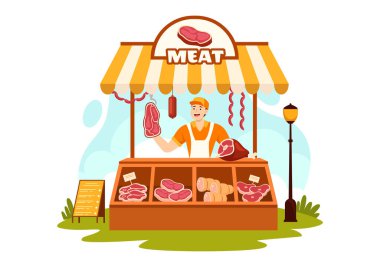 Flat Cartoon Arkaplan Tasarımı 'nda Et Dükkanı veya market Vector Illustration with Çeşitli Taze Et Ürünleri ve Biftek Tavuğu Sosisleri