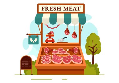 Flat Cartoon Arkaplan Tasarımı 'nda Et Dükkanı veya market Vector Illustration with Çeşitli Taze Et Ürünleri ve Biftek Tavuğu Sosisleri