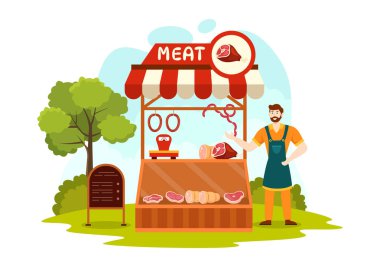 Flat Cartoon Arkaplan Tasarımı 'nda Et Dükkanı veya market Vector Illustration with Çeşitli Taze Et Ürünleri ve Biftek Tavuğu Sosisleri