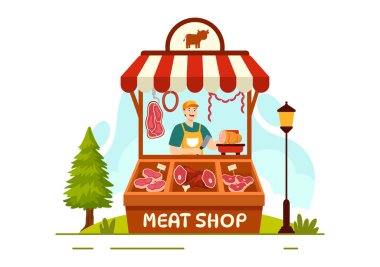 Flat Cartoon Arkaplan Tasarımı 'nda Et Dükkanı veya market Vector Illustration with Çeşitli Taze Et Ürünleri ve Biftek Tavuğu Sosisleri