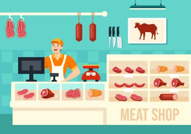 Flat Cartoon Arkaplan Tasarımı 'nda Et Dükkanı veya market Vector Illustration with Çeşitli Taze Et Ürünleri ve Biftek Tavuğu Sosisleri