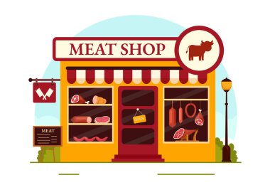 Flat Cartoon Arkaplan Tasarımı 'nda Et Dükkanı veya market Vector Illustration with Çeşitli Taze Et Ürünleri ve Biftek Tavuğu Sosisleri